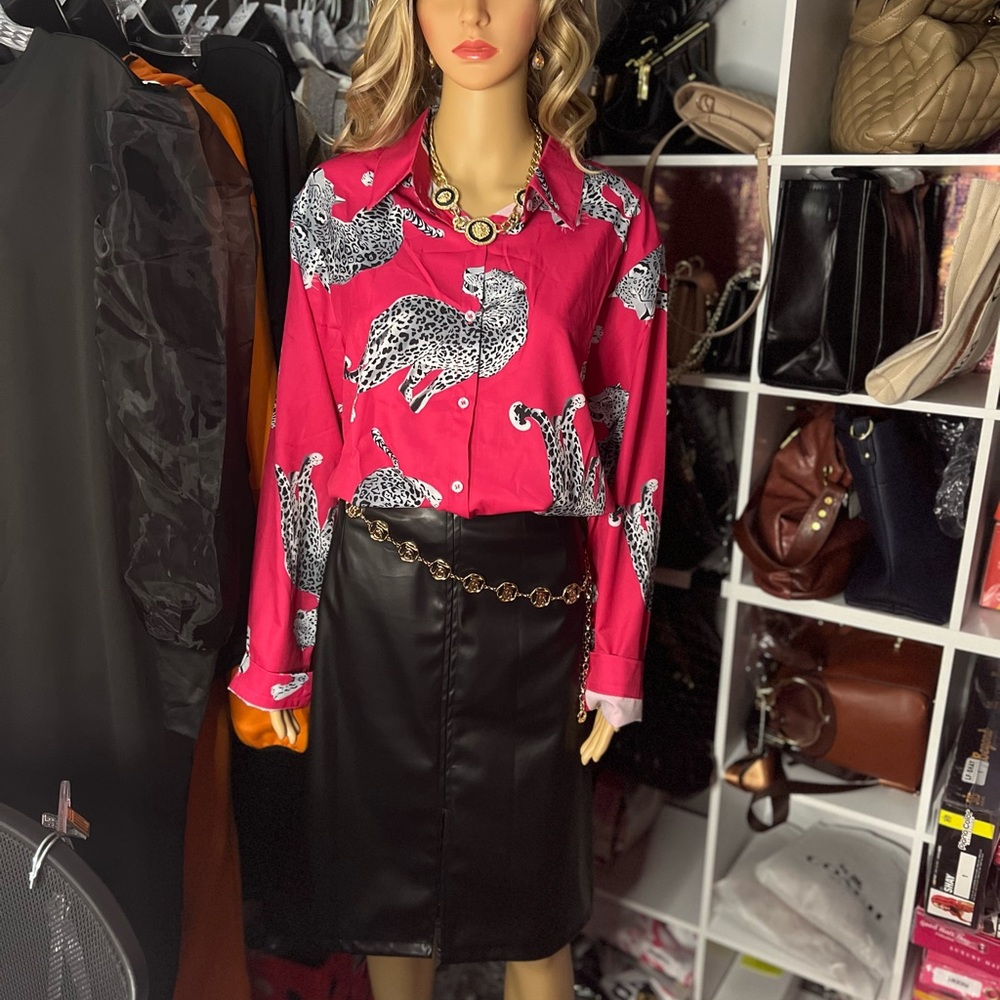 Women’s Pink Button-Down Shirt with Leopard Print XL - Picture 2 of 2